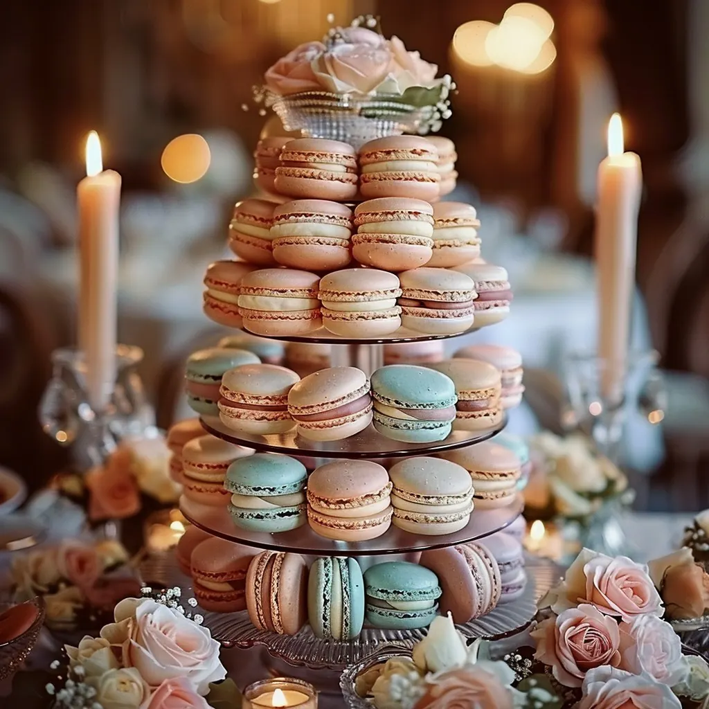 A pastel macaron tower styled for a wedding