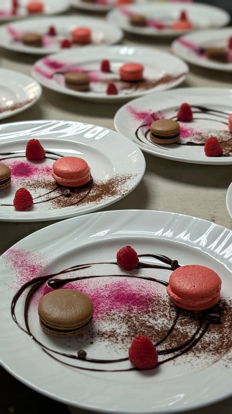 Plated macaron dessert course