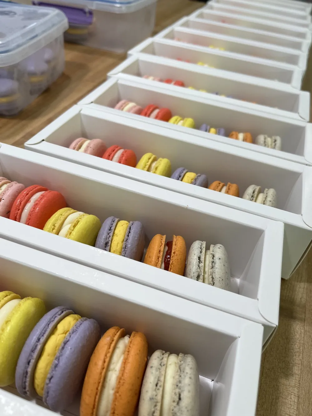 Rows of color-matched macarons boxed for an event